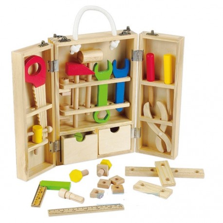 Caja de herramientas de madera y juego de accesorios (45 piezas) - Caja de  herramientas de madera - Caja de herramientas de juguete - Juguetes de